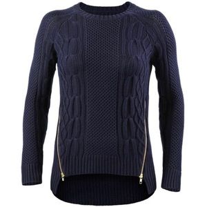Cabi Navy Cable knit sweater with gold zip detail